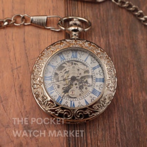 The Galilei - Signature Mechanical Pocket Watch with Metal Chain and Engraving - Silver Clock Pocketwatch for * Anniversary * Wedding * Gift