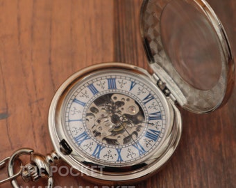 Classic Signature Mechanical Pocket Watch "The Galilei" - Silver Clock Pocketwatch for * Graduation * Wedding * Gift * Valentine's Day *