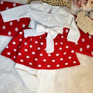 knitted newborn baby girl outfit set in red and white polka-dot