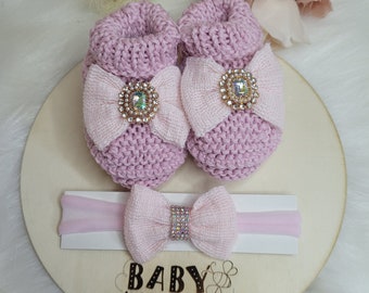 Baby Strickschuhe mit Stirnband