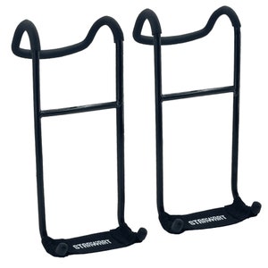 May include: Two black metal guitar stands with padded contact points. The stands have a curved top and a horizontal bar for support. The base of each stand has a fabric strap with the word "STARWART" printed on it.