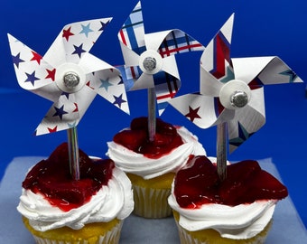 4th of July Pinwheel Cupcake Toppers: Red, White, and Blue Party Decor
