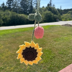 Puede incluir: Adorno colgante de girasol tejido a crochet, con pétalos amarillos y centro marrón. Incluye una fruta rosa y hojas verdes de ganchillo, suspendidas por un cordón verde. El fondo muestra un césped verde y árboles.