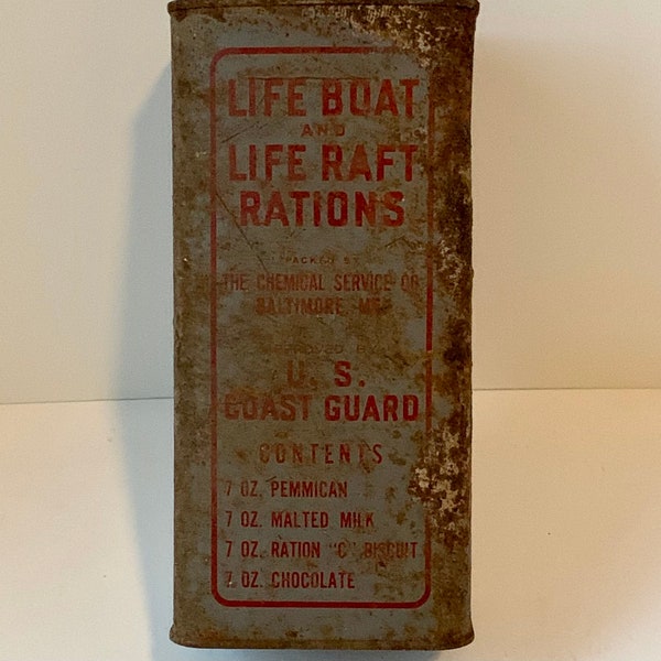 1950s U.S. Coast Guard Life Boat Ration Empty Rusty Tin Container Military Memorabilia Mancave Bar Decor Office Decor