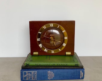 Telechron 1950s Wood Alarm Clock, Brass Roman Numerals, Midcentury Decor