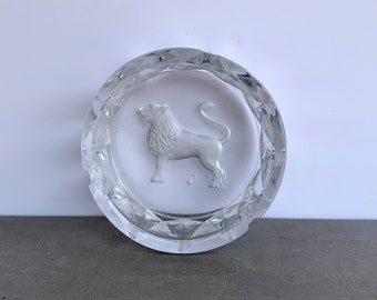 Glass Ash Tray With Lion and Leo Symbol Etched into bottom Garage Mancave Bar Tobacco Decor