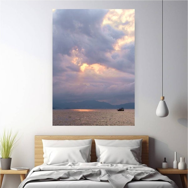 Sunray photography, cloudy sea wall art, sunset digital print, sunray clouds photography, cloudy sky poster, sea landscape print, wall decor