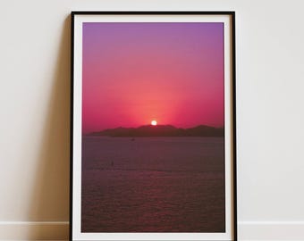 Ocean Sunset Photography Pink Sun Wall Art Colorful Seascape Poster Romantic Boho Home Decor Gift For Nature Lover Vertical Calm Landscape