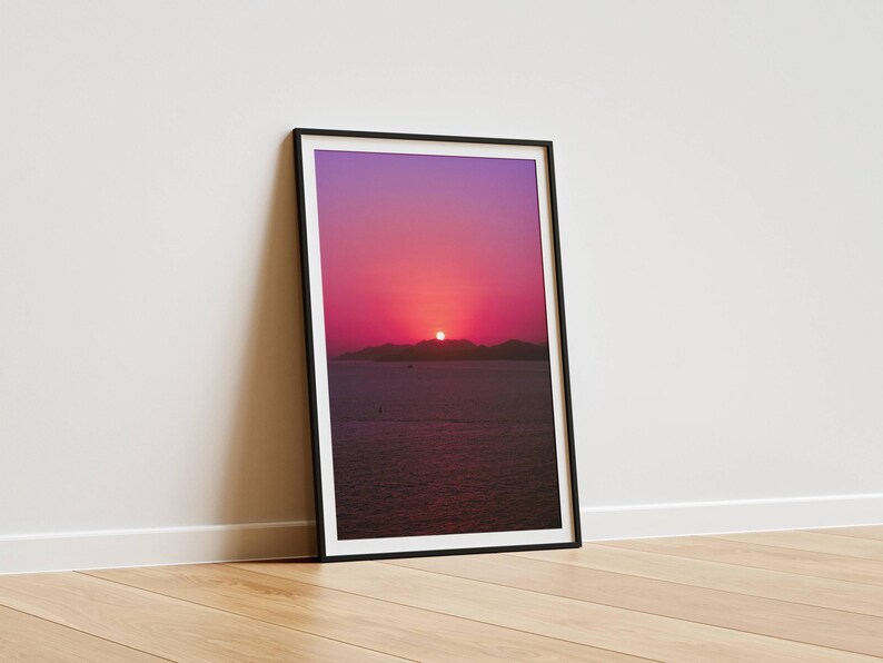 Ocean Sunset Photography Pink Sun Wall Art Colorful Seascape Poster Romantic Boho Home Decor Gift For Nature Lover Vertical Calm Landscape image 4
