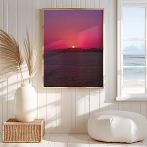 Ocean Sunset Photography Pink Sun Wall Art Colorful Seascape Poster Romantic Boho Home Decor Gift For Nature Lover Vertical Calm Landscape image 3