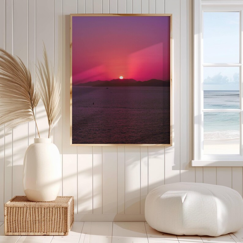 Ocean Sunset Photography Pink Sun Wall Art Colorful Seascape Poster Romantic Boho Home Decor Gift For Nature Lover Vertical Calm Landscape image 3