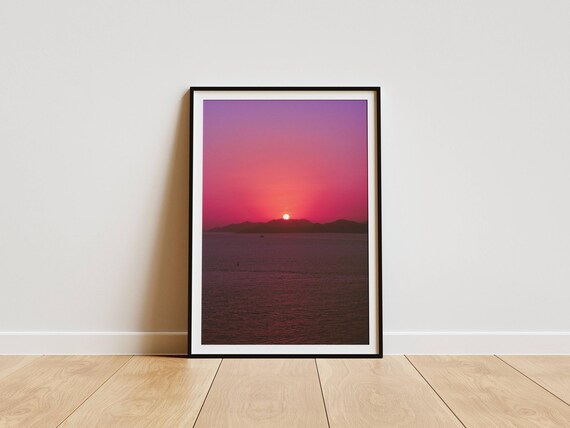 Ocean Sunset Photography Pink Sun Wall Art Colorful Seascape Poster Romantic Boho Home Decor Gift For Nature Lover Vertical Calm Landscape