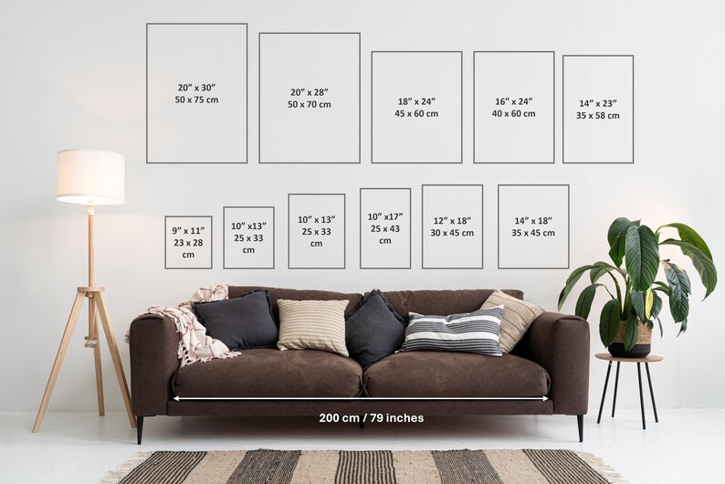 Different frame sizes are displayed on the white wall, with a long sofa as a scale comparison. This is a guide for frame sizes in portrait format