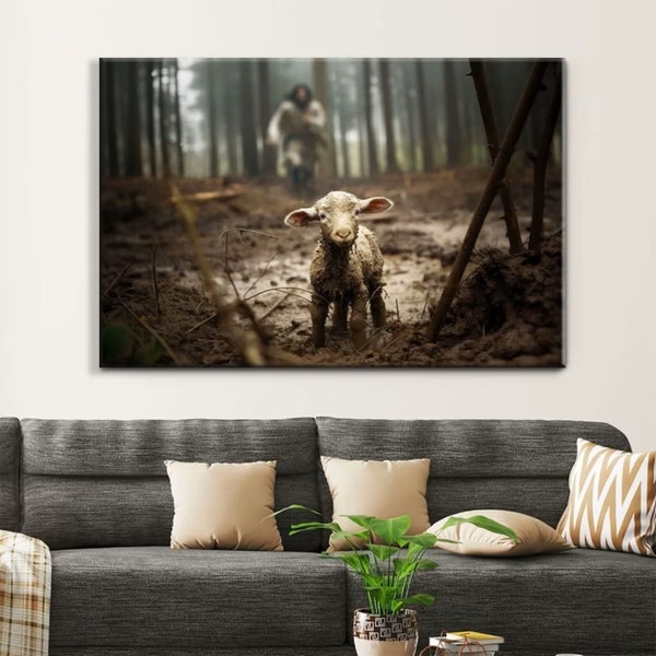 Large (up to 56”) Jesus Canvas Wall Art, Jesus Saving Lost Lamb Wall Décor, Jesus and Lamb Canvas Print, Christian Gift, Jesus love