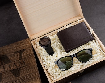 Personalized Groomsman Gift Set, Groomsman Sunglasses Watch Leather Wallet in Groomsman Gift Box, Groomsman Proposal Gift, Holiday Gift Box