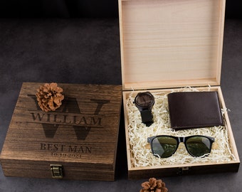Personalized Groomsman Gift Set, Groomsman Sunglasses Watch Leather Wallet in Groomsman Gift Box, Groomsman Proposal Gift,Christmas Gift Box