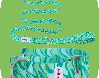 Green Retro Wavy Dog Collar and Leash Set – Martingale, Nylon