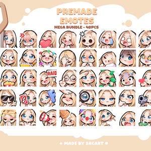 Puede incluir: Un conjunto de 40 emotes prefabricados, de estilo caricatura, que representan a un personaje rubio con ojos azules y diversas expresiones. Los emotes transmiten emociones como alegría, ira y tristeza. El texto "PREMADE EMOTES MEGA BUNDLE - 40PCS" es visible.