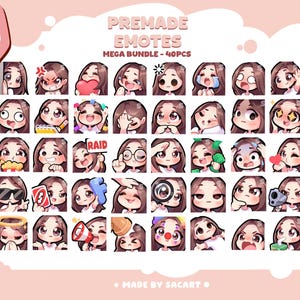 May include: A set of 40 premade emotes featuring a cartoon character with brown hair and various expressions. The emotes are displayed on a pink background with the text "PREMADE EMOTES MEGA BUNDLE - 40PCS". A pink Twitch logo is in the upper left corner.