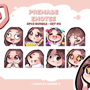 Chibi Girl Twitch Emote-paket - 8 delar - Set nr 2 - Brunt hår