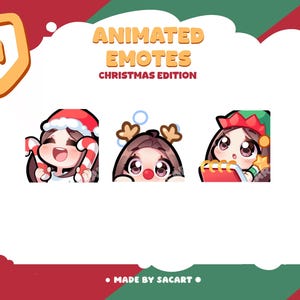May include: Animated Christmas emotes featuring three cartoon characters with festive accessories. One holds candy canes, another has reindeer antlers, and the third holds a notepad. The image includes the text "Animated Emotes Christmas Edition" and a Twitch logo.