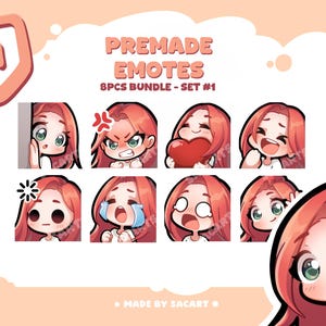 Pode incluir: Um conjunto de oito emotes pré-fabricados com um personagem de desenho animado com cabelo ruivo e várias expressões. Os emotes incluem emoções como felicidade, raiva e amor. O texto "PREMADE EMOTES" e "8PCS BUNDLE - SET #1" são exibidos.