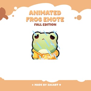 Peut inclure: Emote de grenouille animée en imperméable jaune, avec des gouttes de pluie et le texte "FALL EDITION". La grenouille est verte avec une expression triste. Le fond est blanc avec une bordure orange et des feuilles d'automne.