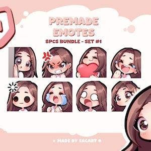 Puede incluir: Un conjunto de ocho emotes prefabricados que representan a una mujer de dibujos animados con diversas expresiones, incluyendo sorpresa, enfado y alegría. Los emotes se muestran sobre un fondo rosa con el texto "PREMADE EMOTES 8PCS BUNDLE - SET #1".
