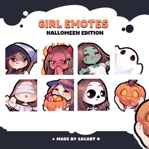 Puede incluir: Una colección de emoticonos de chicas con temática de Halloween. Los emoticonos presentan varios personajes, incluyendo una parca, un diablo, un zombi, un fantasma, una figura con los ojos vendados, una bruja, un esqueleto y una calabaza. El texto dice "GIRL EMOTES HALLOWEEN EDITION".