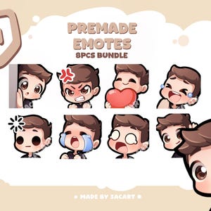 May include: A collection of eight premade emotes showcasing a cartoon character with diverse expressions. The emotes include expressions of anger, love, and surprise. The text "PREMADE EMOTES 8PCS BUNDLE" is displayed.