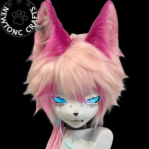 Neon Pink Fox With Glowing Eyes - Finished Fursuit Head, Premade Kemono Mask, Handmade Kigurumi Head, Kawaii Furry Costume Head, Fursona
