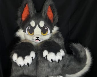 Volles Set mit Kopf, Pfoten, Schwanz und Stiefeln, individuelles Kemono Kigurumi Cosplay, niedlicher Alaskan mit großen Ohren, perfektes Geschenk für Kinder und Fans!