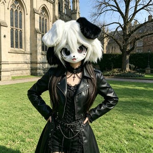May include: A person wearing a white and black dog-themed fursuit head with large eyes, a black leather jacket, and a black outfit. The background includes a grassy area and a large building.
