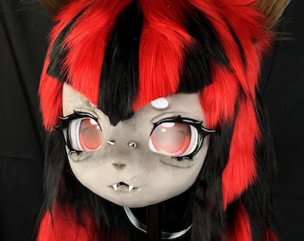 Batgirl Fursuit Head, Red & Black Kemono Style Furry Mask