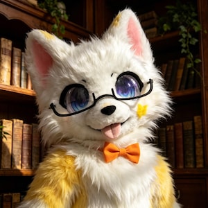 May include: A furry white and yellow fox costume head with large, expressive blue eyes, wearing black-rimmed glasses and an orange bow tie. The fox has its tongue sticking out and a yellow star on its cheek. The background features a bookshelf filled with old books.