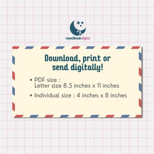 May include: A white envelope with a blue and red border. The text "Download, print or send digitally!" is written in black. The text "PDF size: Letter size 8.5 inches x 11 inches. Individual size: 4 inches x 8 inches" is written in black.