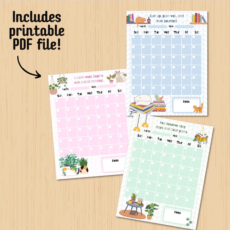 Cozy Cat Monthly Planner, Printable Notepad, Kawaii Memo, Cute Daily to ...