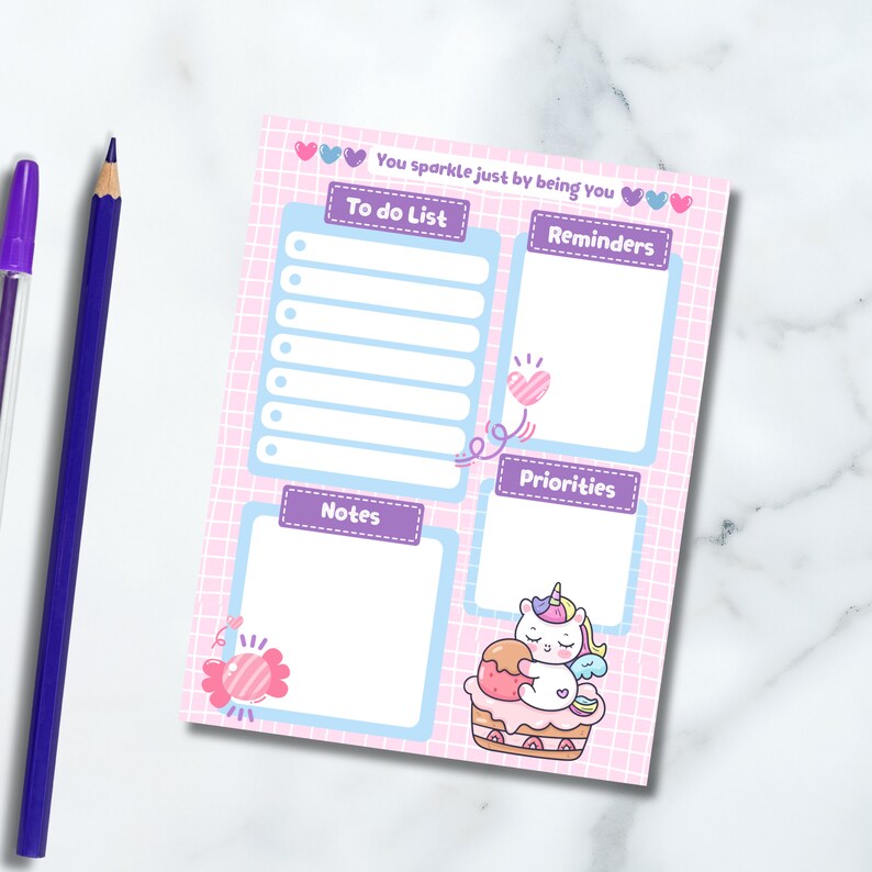 Unicorn Notepad, Printable Notepad, Kawaii Memo, Unicorn Daily Planner ...