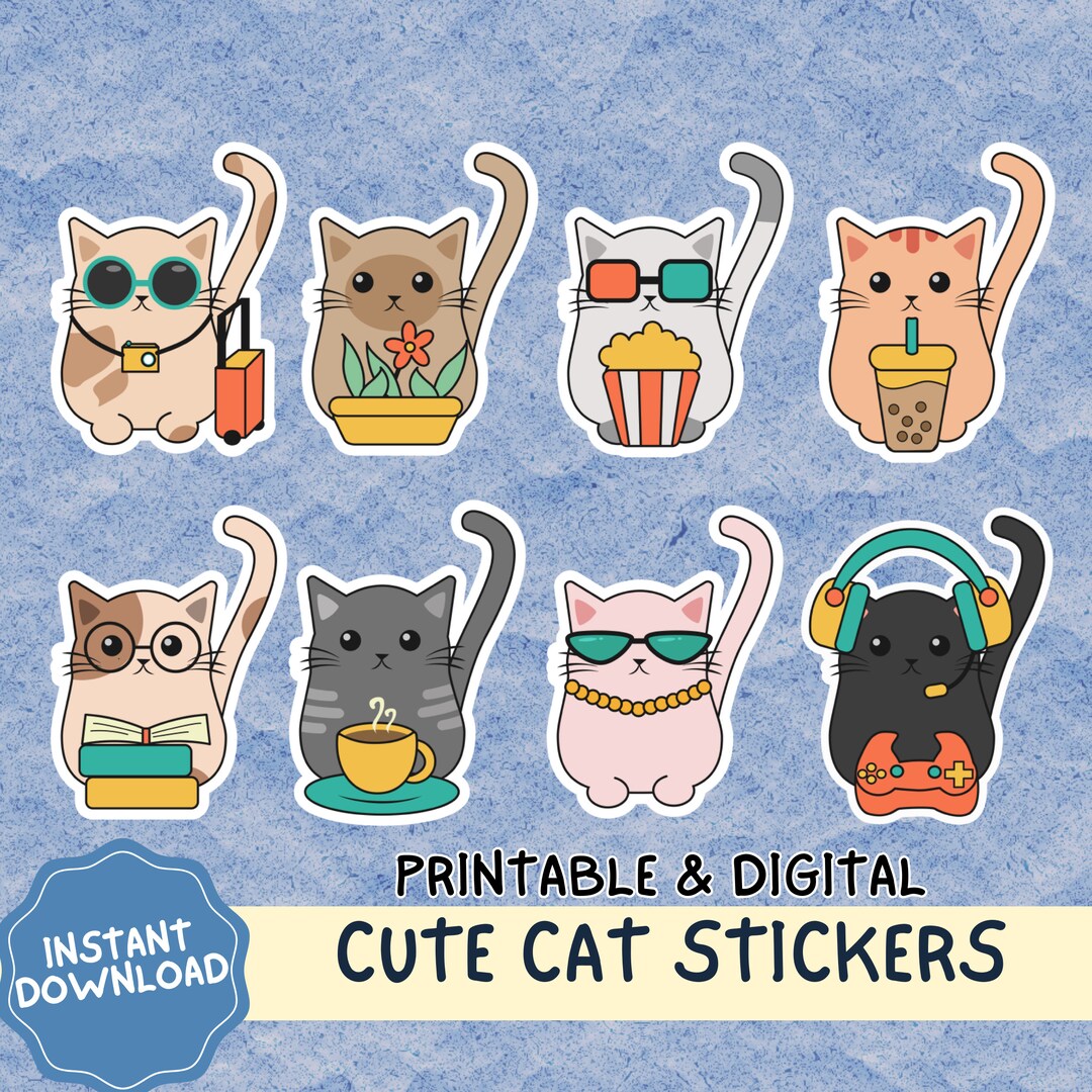 Cute Cat Printable Stickers Cat Digital Sticker Cute Clipart - Etsy