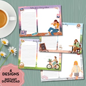 May include: Four illustrated notepads with different designs. One notepad features a woman sitting on a brick wall with the text "Notes from Everywhere." Another shows a woman at a cafe with the text "the Way." The other two notepads have the text "Daily M" and a woman riding a bicycle.