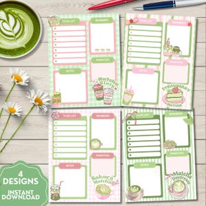 Può includere: Quattro design di planner con illustrazioni a tema matcha. Ogni pagina del planner presenta sezioni per liste di cose da fare, promemoria, note e priorità. I design includono bevande al matcha, una fetta di torta al matcha alle fragole e il testo "Matcha Girly", "Sakura Matcha" e "Matcha Daydream".