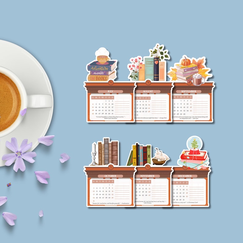 May include: A set of two horizontal calendar strips featuring months July through December. Each month includes a grid and decorative illustrations of books, plants, a pumpkin, a ship, and a snow globe. A white coffee cup sits to the left.