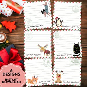May include: Six square note cards with red and green striped borders. Each card features a unique holiday illustration including a dog, penguin, moose, cat, and reindeer, along with festive text like Cozy Moments, Merry Hearts and Merry Christmas.