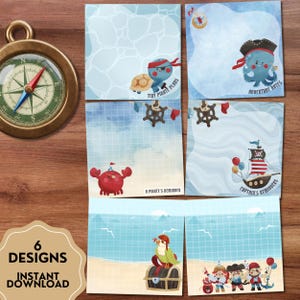 May include: A collection of six pirate-themed notepads with various designs, including an octopus, crab, and pirate ship. The notepads feature the text "Tiny Pirate Plans," "Adventure Notes," "A Pirate's Reminder," and "Captain's Reminders." A compass is visible.