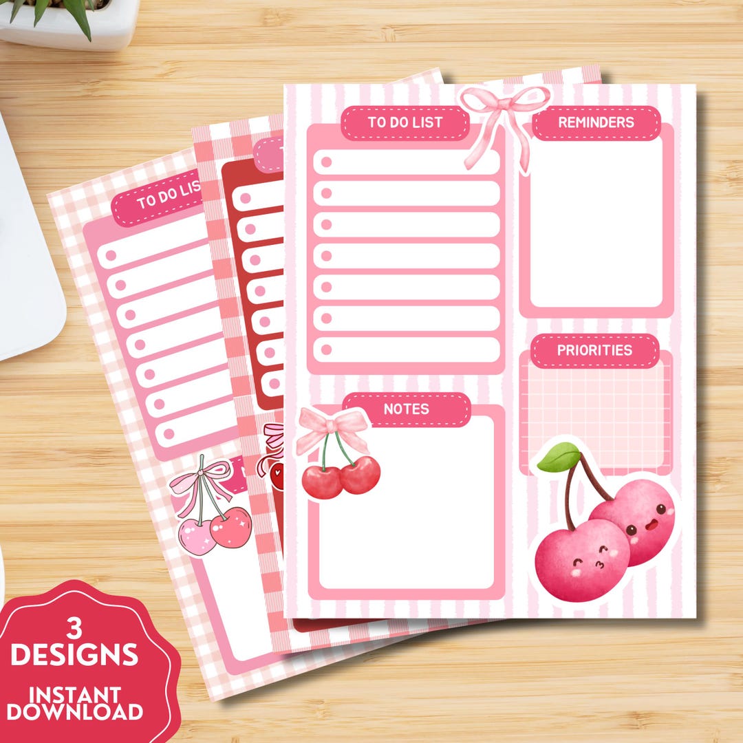 Cherry Planner, Printable Notepad, Kawaii Memo, Daily to Do List ...