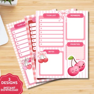 Cherry Planner, Printable Notepad, Kawaii Memo, Daily To Do List, Printable Daily Planner, Cute Stationery, Cherry Coquette Print image 1