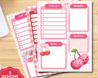 Cherry Planner, Printable Notepad, Kawaii Memo, Daily To Do List, Printable Daily Planner, Cute Stationery, Cherry Coquette Print