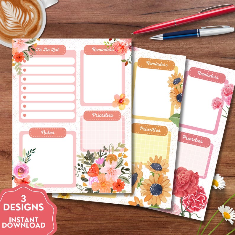 Watercolor Flower Planner, Printable Notepad, Kawaii Memo, Daily to Do ...