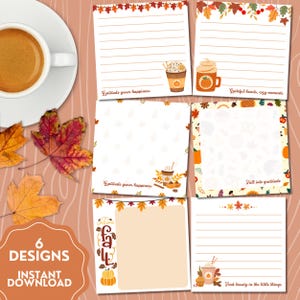 Könnte beinhalten: Sechs quadratische Notizzettel mit herbstlichen Motiven wie Kürbissen, Kaffeetassen und Herbstblättern. Der Text umfasst Gratitude grows happiness, Grateful hearts, cozy moments, Fall into gratitude und Find beauty in the little things.