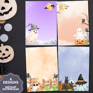 Könnte beinhalten: Vier Blatt Halloween-Briefpapier mit Linien und Aquarellillustrationen von Geistern, Kürbissen, schwarzen Katzen, Krähen und Spinnenweben in violetten, orangen und blauen Farbtönen mit Mond- und Sternmotiven.